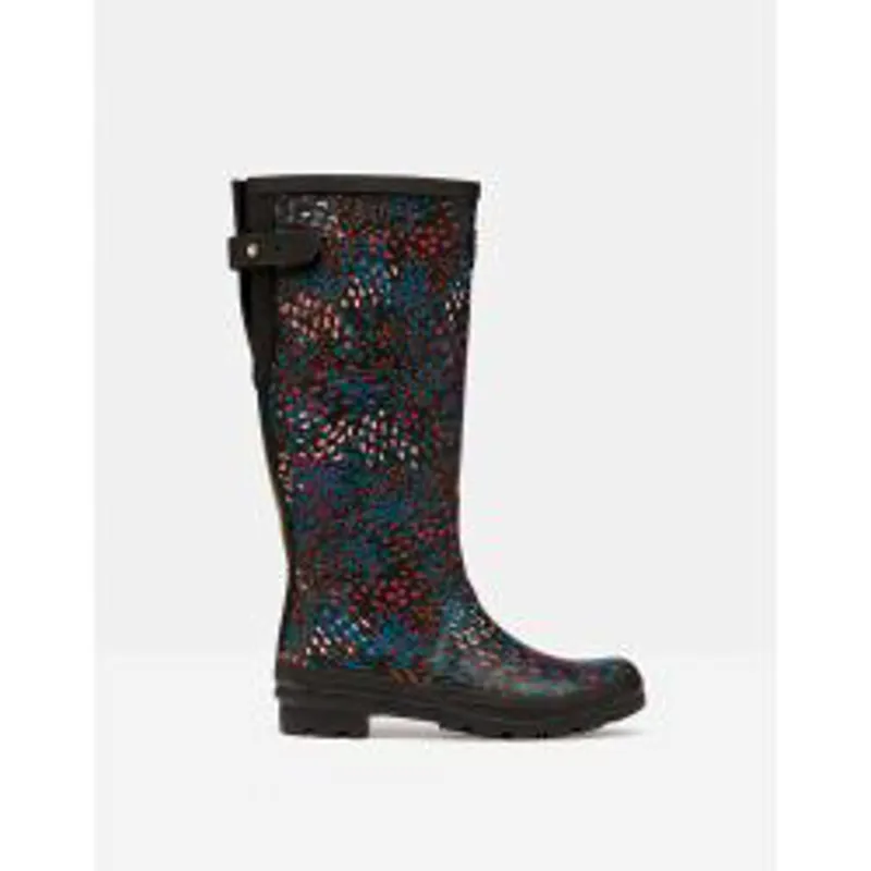 Joules Printed Wellies With Adjustable Back Gusset Ladies Black Speckle Size 3 - Black Speckle