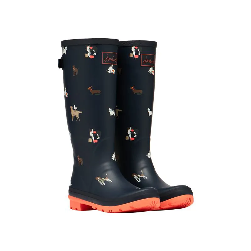 Joules Printed Wellies With Adjustable Back Gusset Ladies Navy Beach Dogs Size 3 - Navy Beach Dogs-1