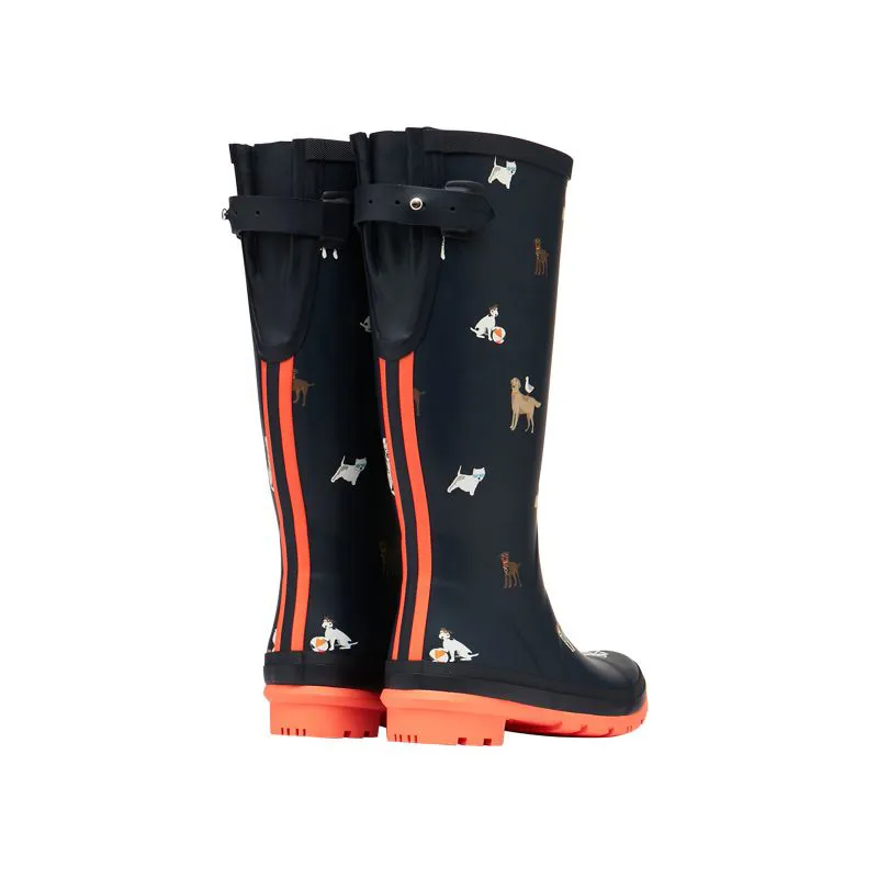Joules Printed Wellies With Adjustable Back Gusset Ladies Navy Beach Dogs Size 3 - Navy Beach Dogs-2