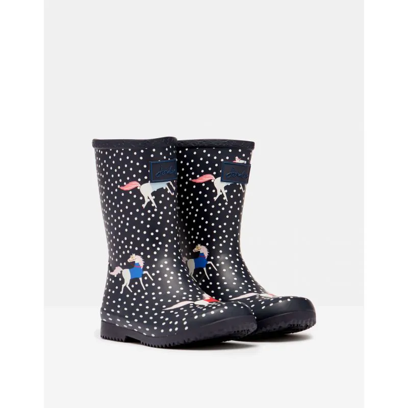 Joules Roll Up Flexible Printed Girls Wellies - Navy Spotty Horse-1